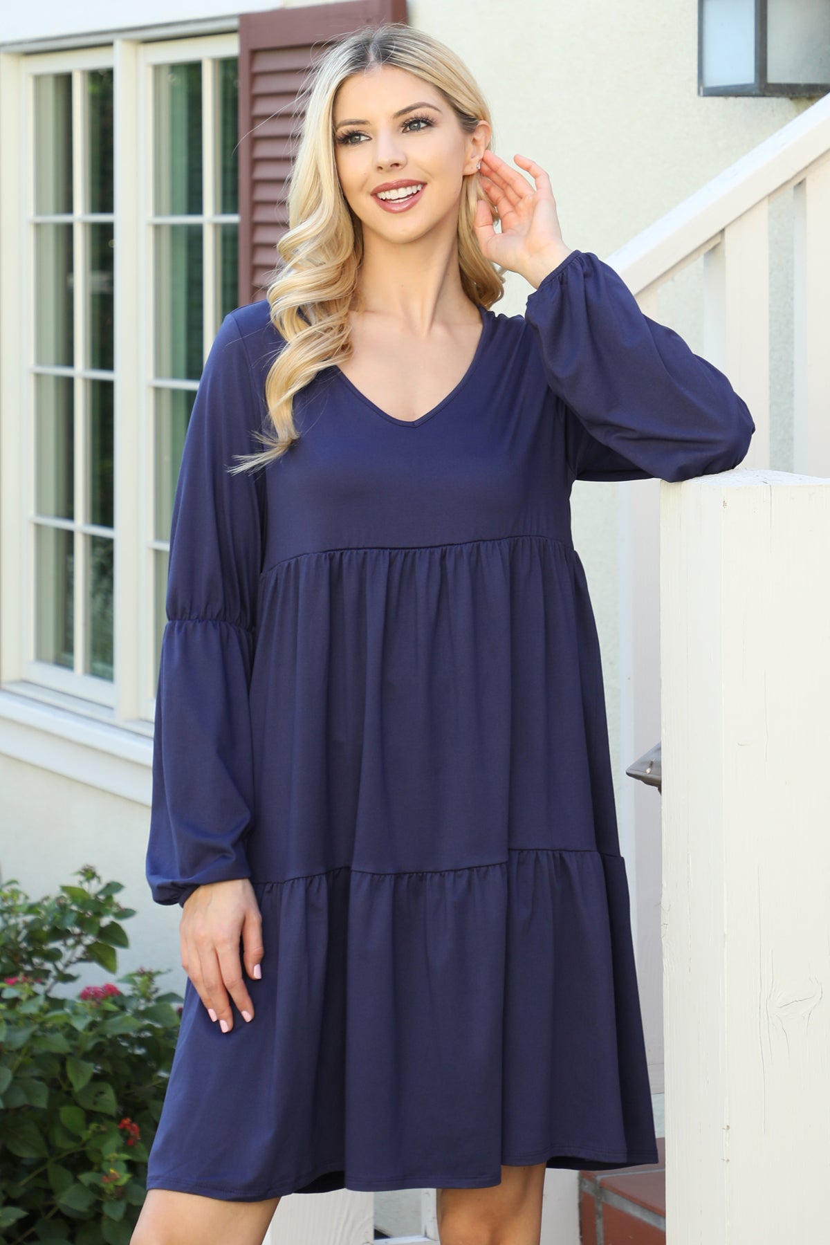 V-Neck Long Sleeve Babydoll Dress
