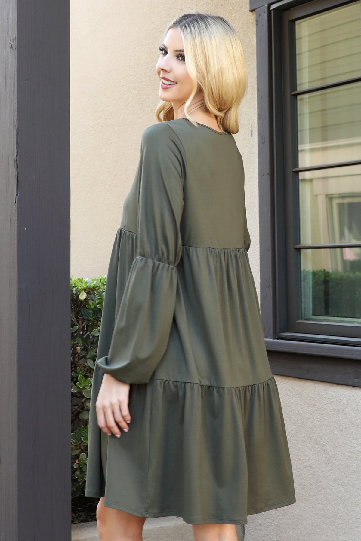 V-Neck Long Sleeve Babydoll Dress