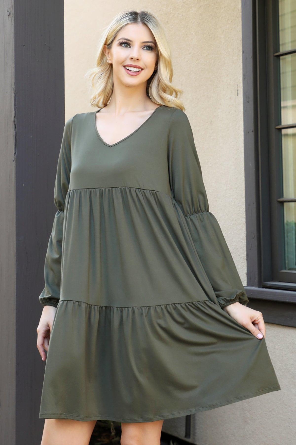 V-Neck Long Sleeve Babydoll Dress