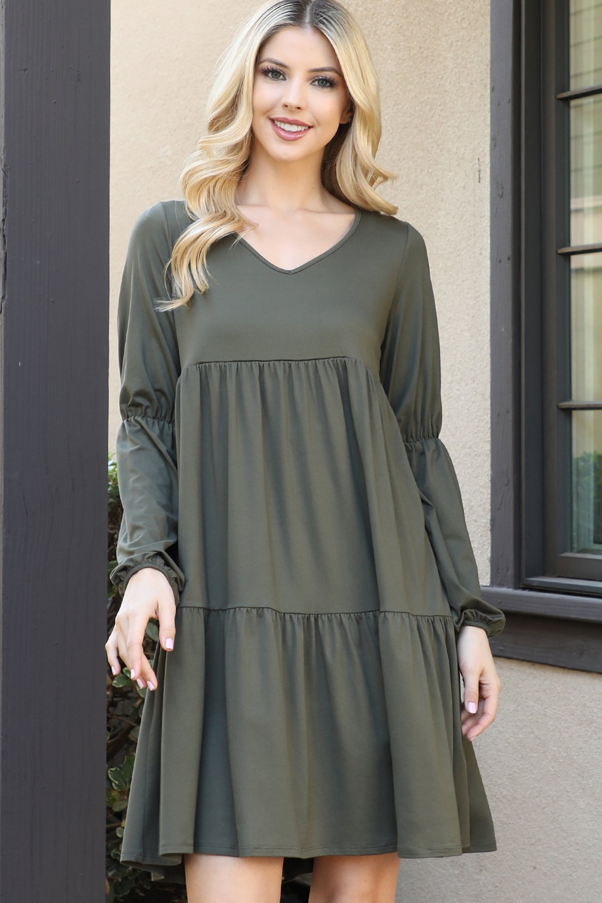V-Neck Long Sleeve Babydoll Dress
