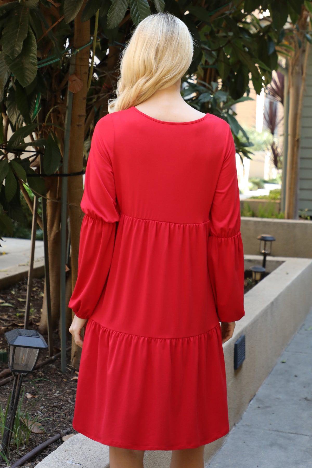 V-Neck Long Sleeve Babydoll Dress