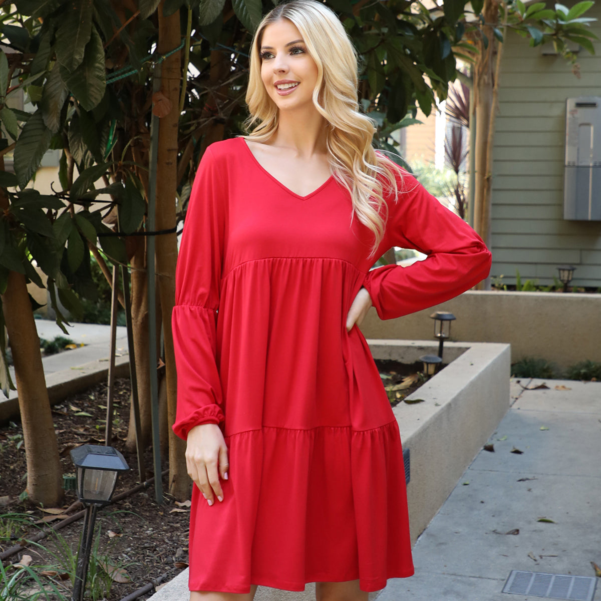 V-Neck Long Sleeve Babydoll Dress