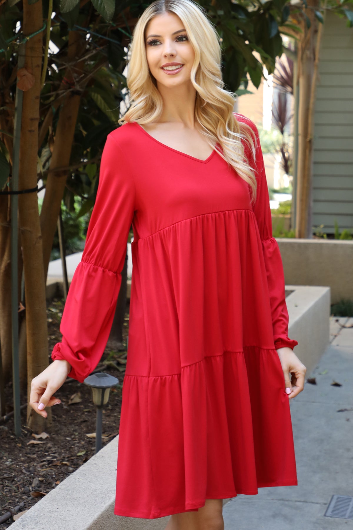 V-Neck Long Sleeve Babydoll Dress