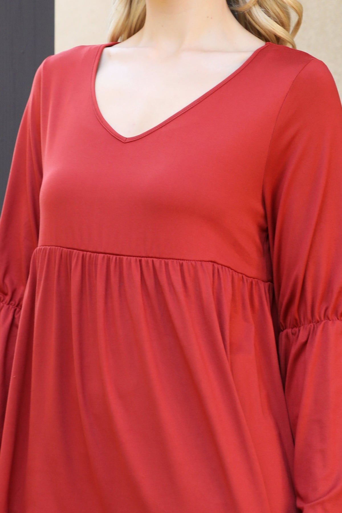 V-Neck Long Sleeve Babydoll Dress