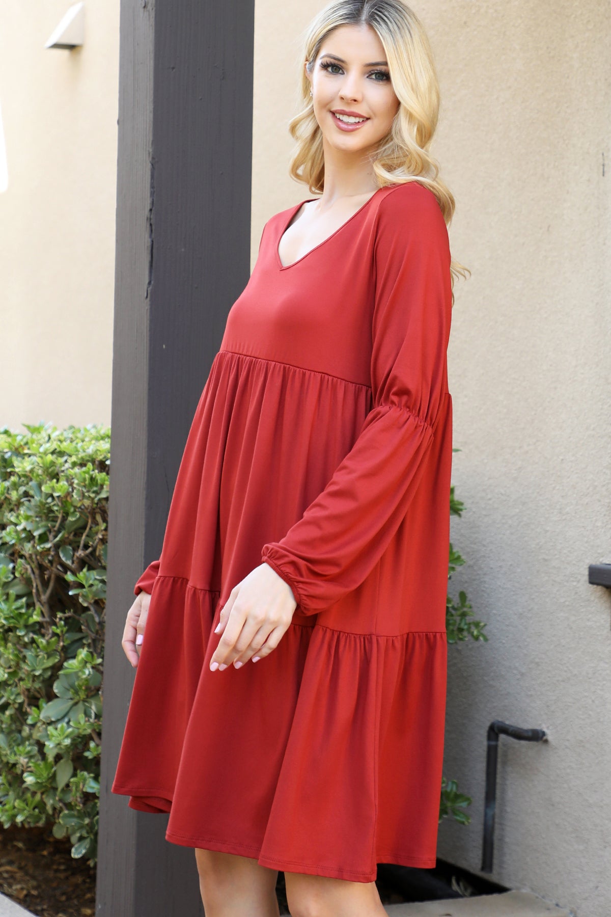 V-Neck Long Sleeve Babydoll Dress