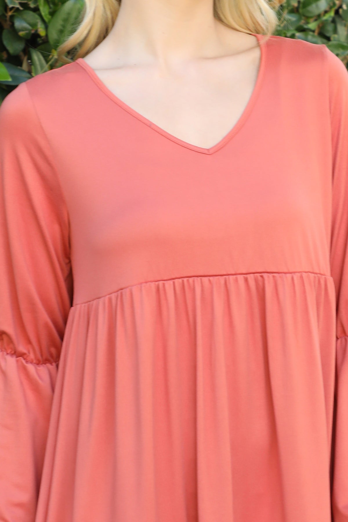 V-Neck Long Sleeve Babydoll Dress