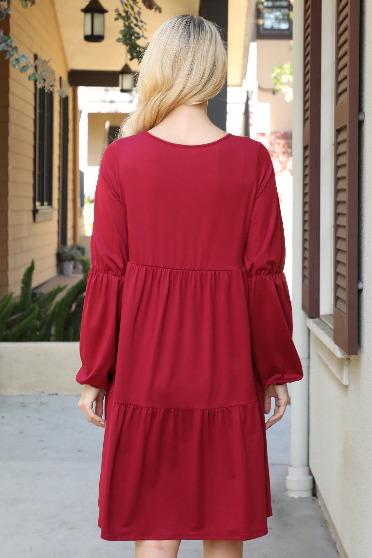 V-Neck Long Sleeve Babydoll Dress