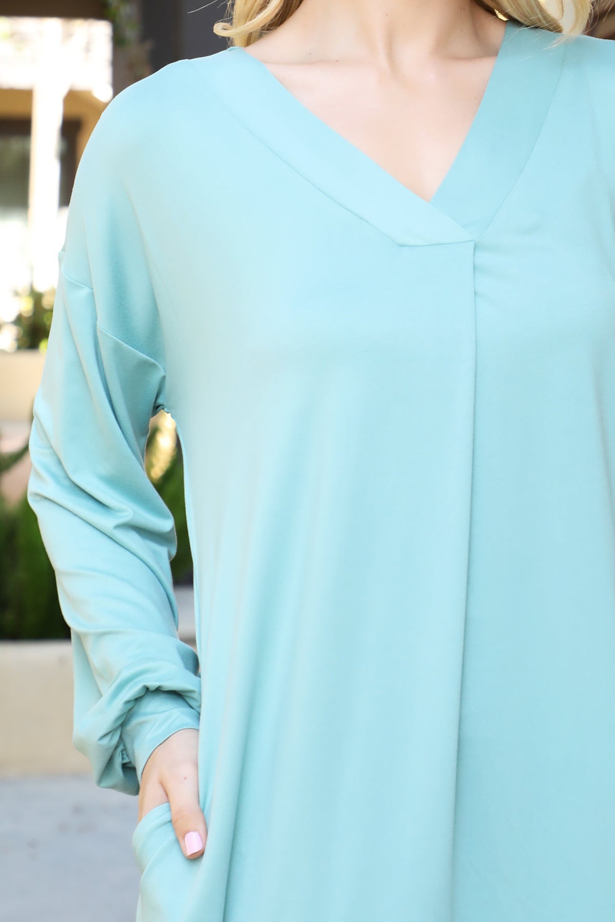 V-Neck Long Sleeve Relaxed Midi Dress