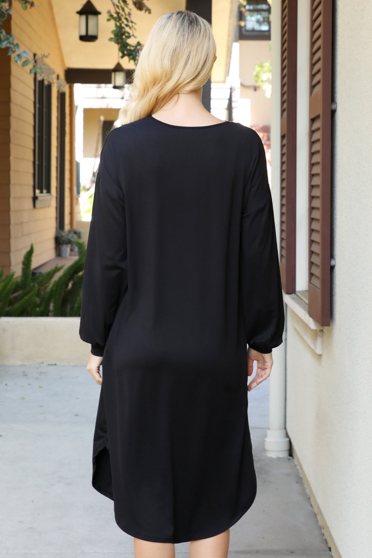 V-Neck Long Sleeve Relaxed Midi Dress