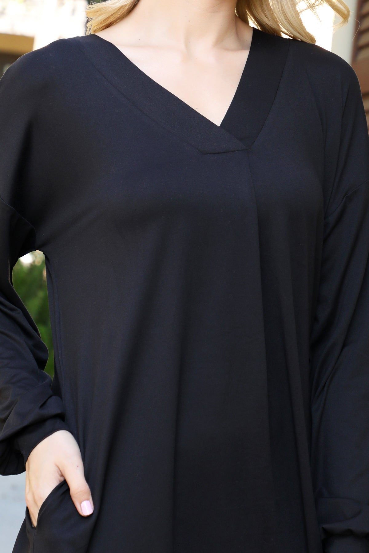 V-Neck Long Sleeve Relaxed Midi Dress