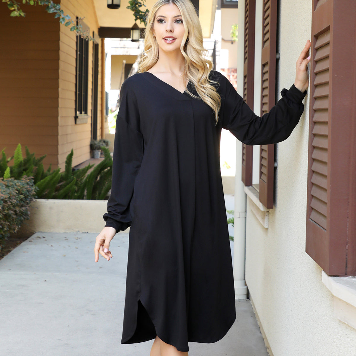 V-Neck Long Sleeve Relaxed Midi Dress