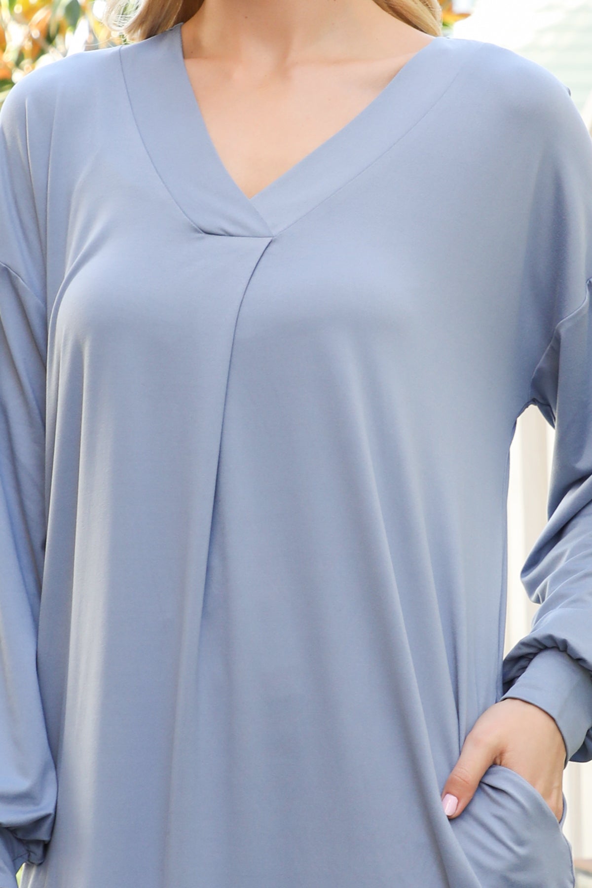 V-Neck Long Sleeve Relaxed Midi Dress