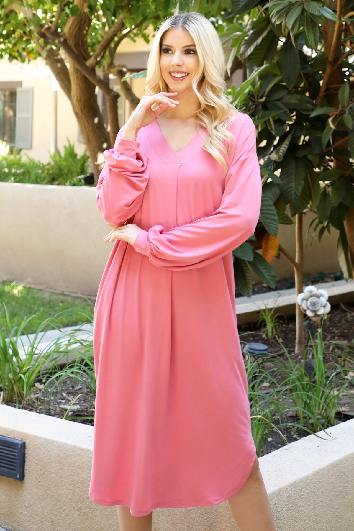 V-Neck Long Sleeve Relaxed Midi Dress