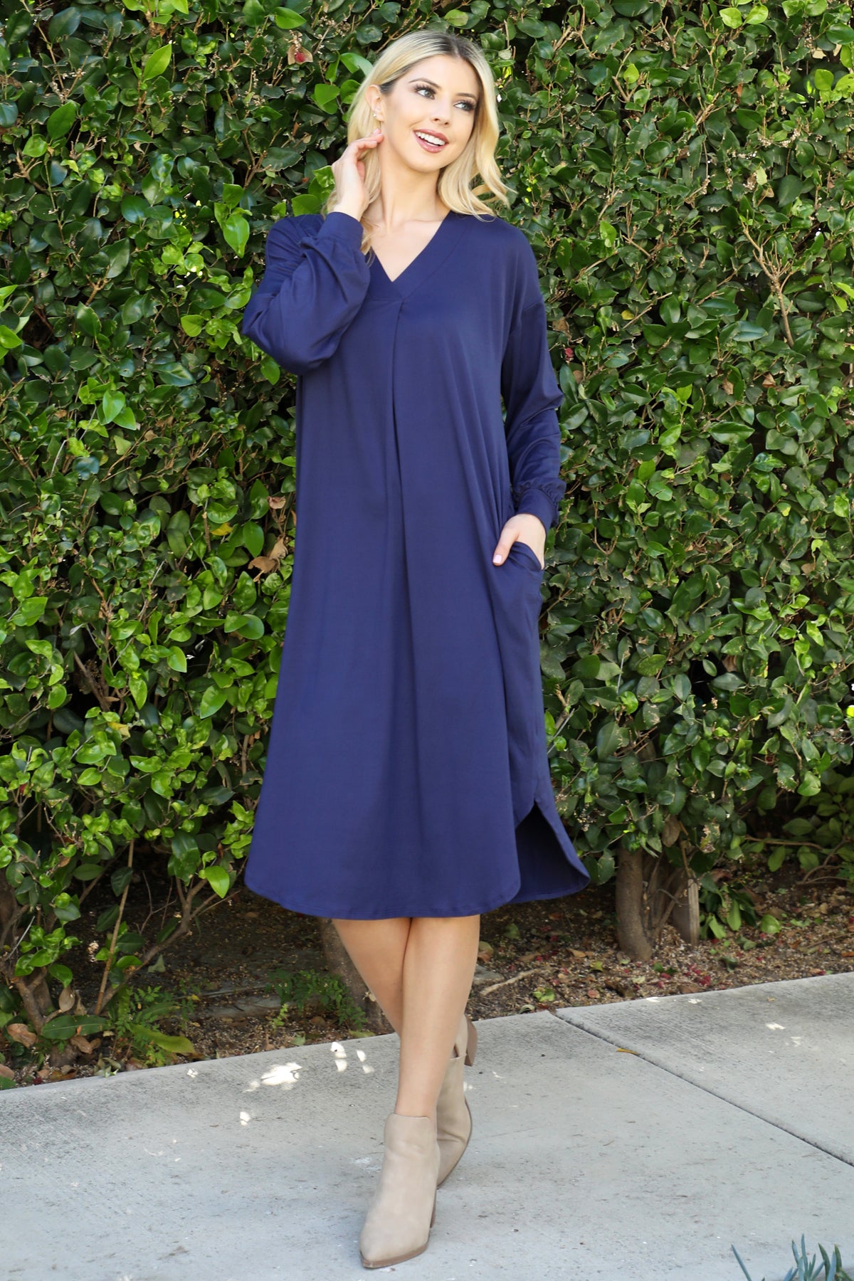 V-Neck Long Sleeve Relaxed Midi Dress