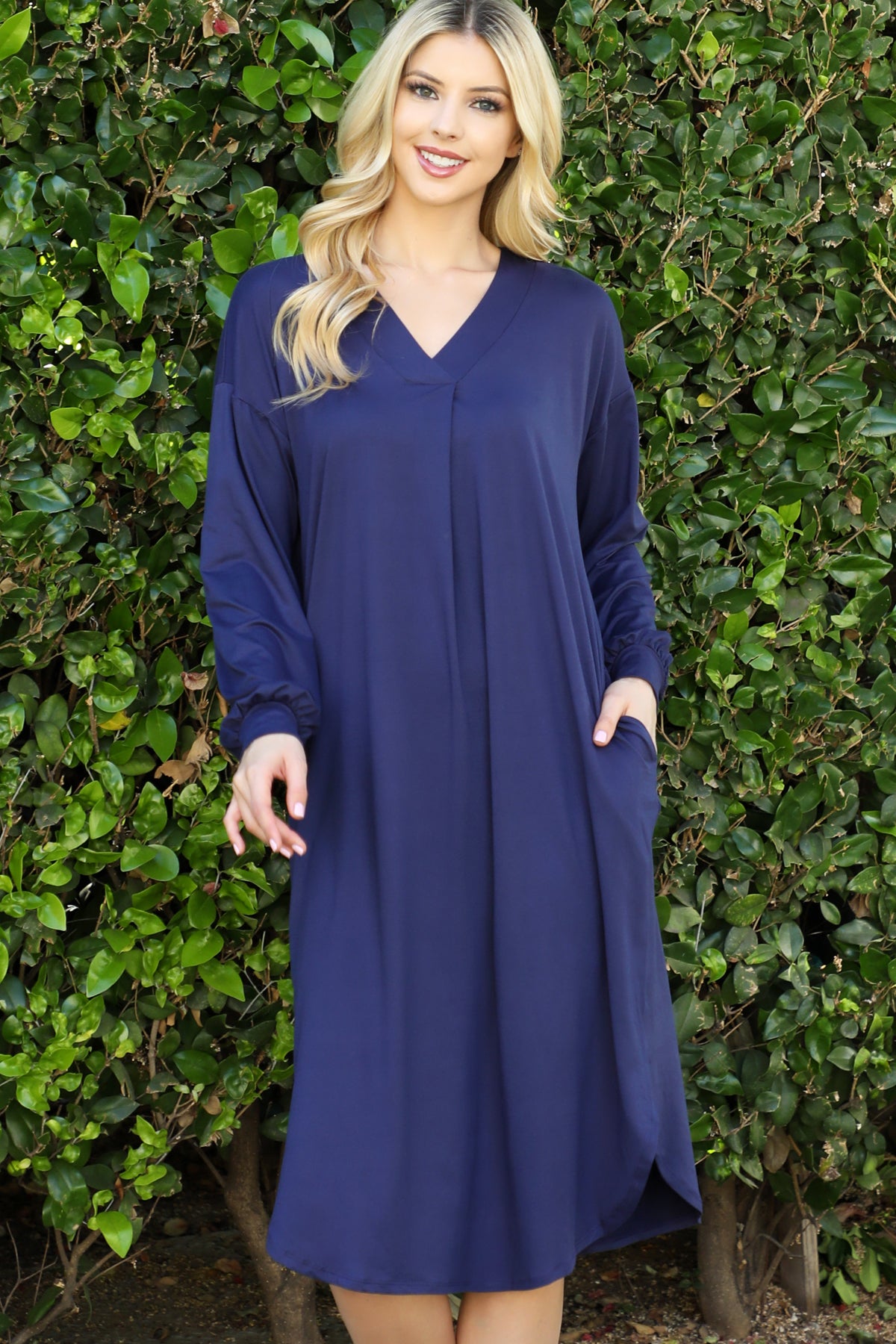 V-Neck Long Sleeve Relaxed Midi Dress