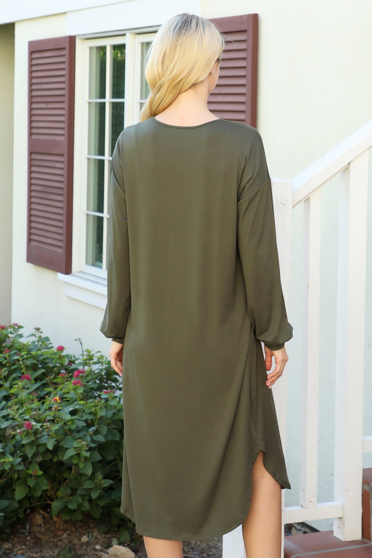 V-Neck Long Sleeve Relaxed Midi Dress