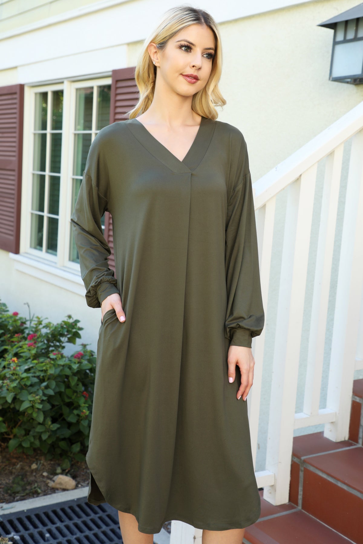 V-Neck Long Sleeve Relaxed Midi Dress