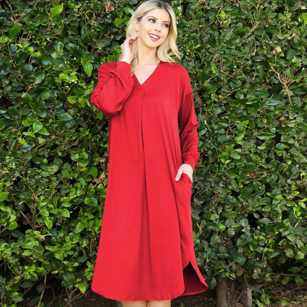 V-Neck Long Sleeve Relaxed Midi Dress
