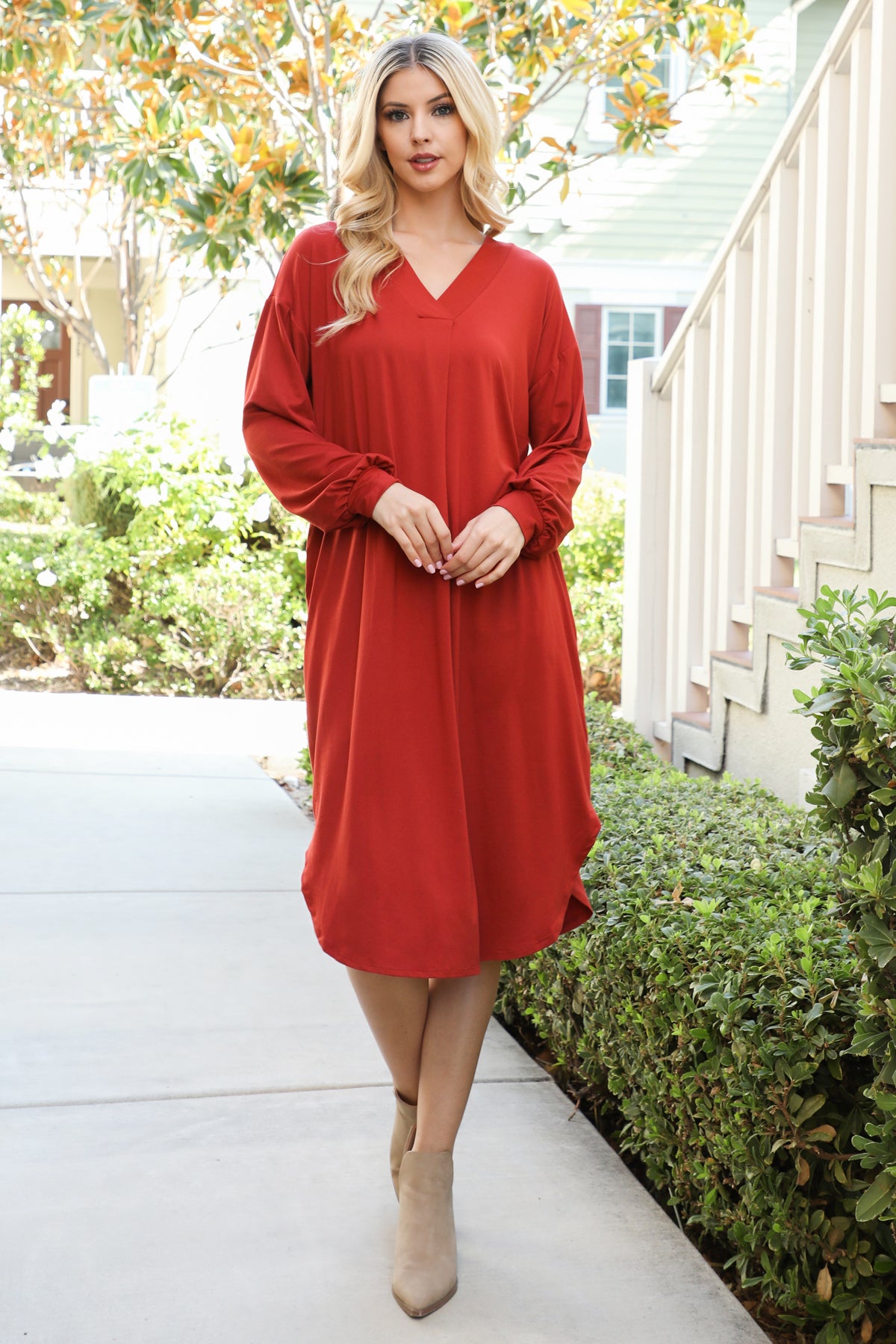 V-Neck Long Sleeve Relaxed Midi Dress