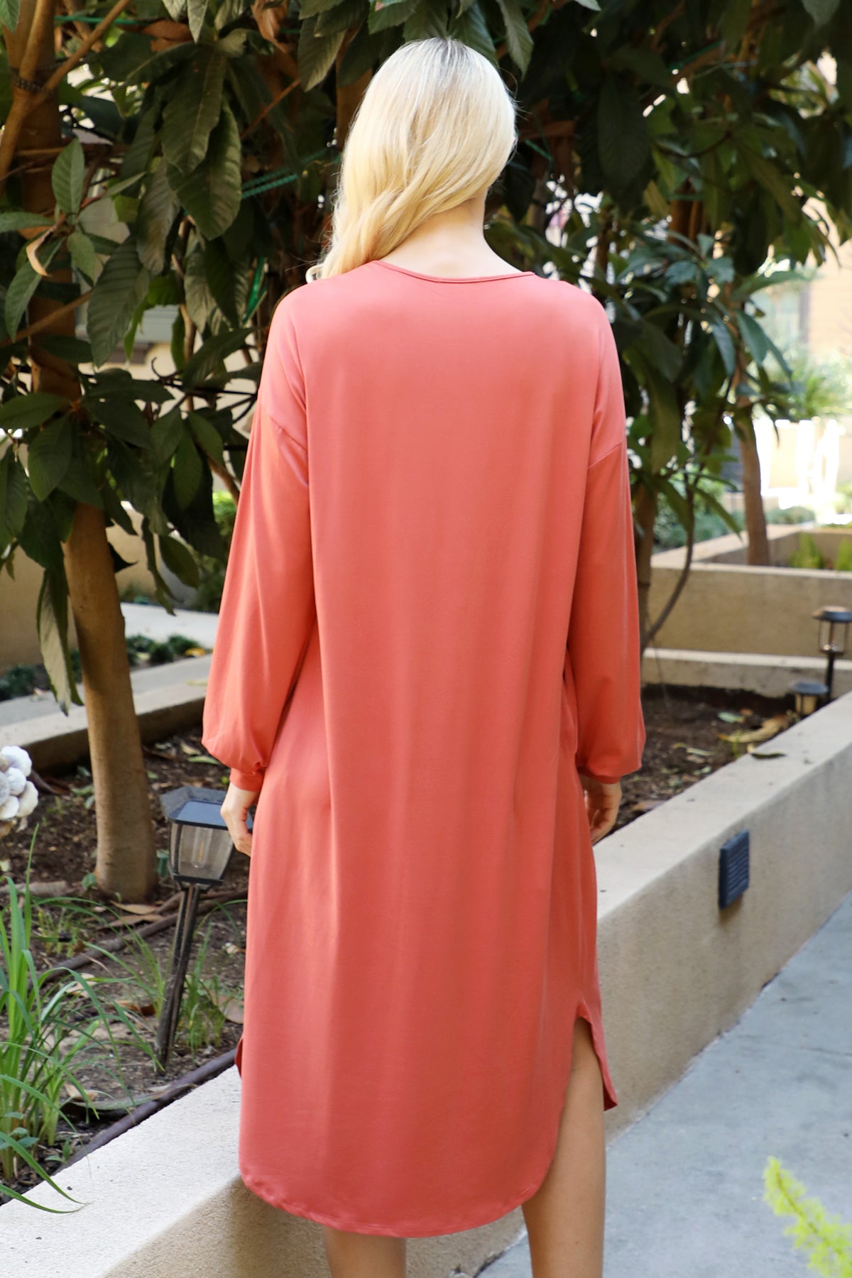 V-Neck Long Sleeve Relaxed Midi Dress