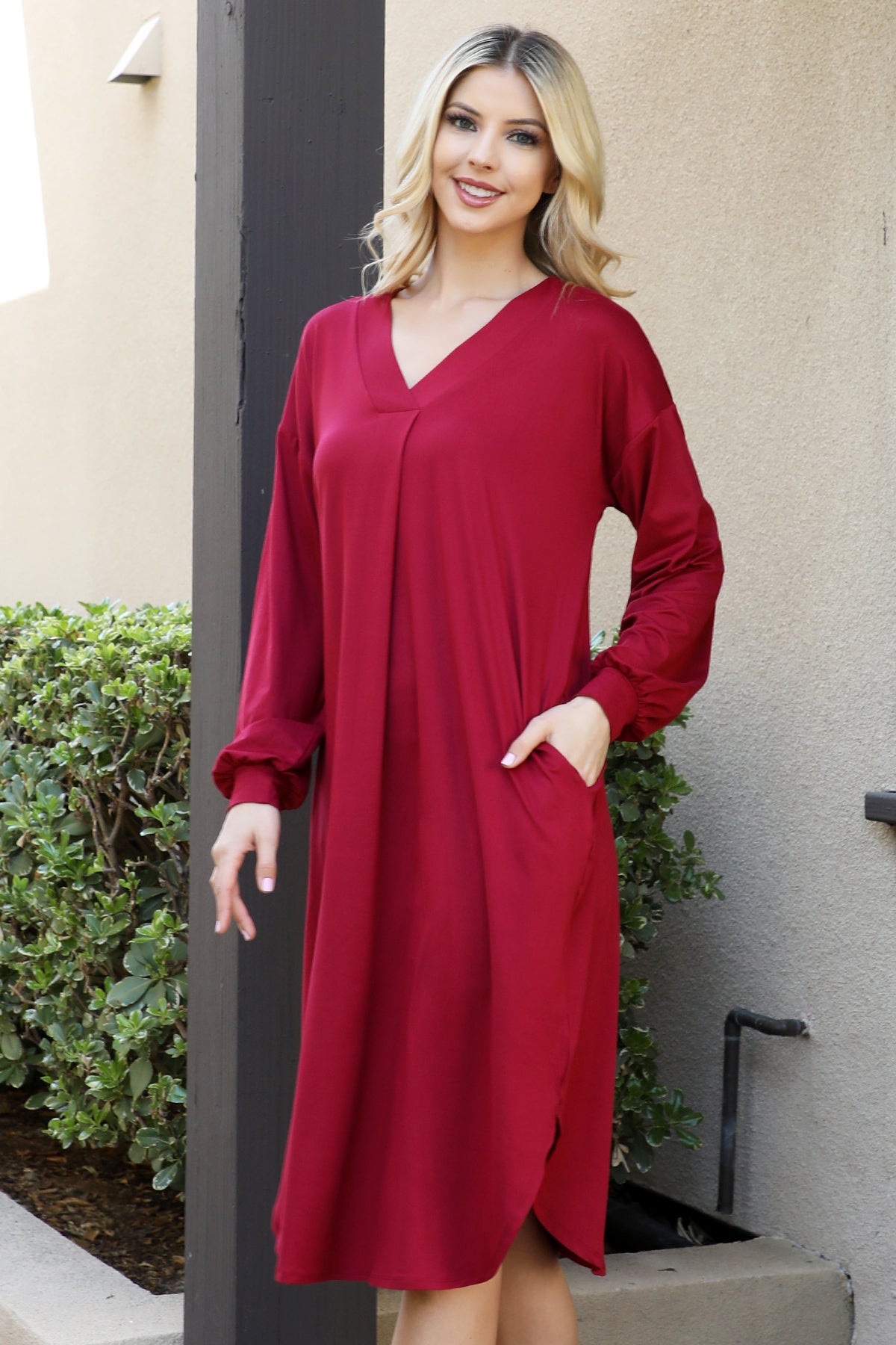 V-Neck Long Sleeve Relaxed Midi Dress