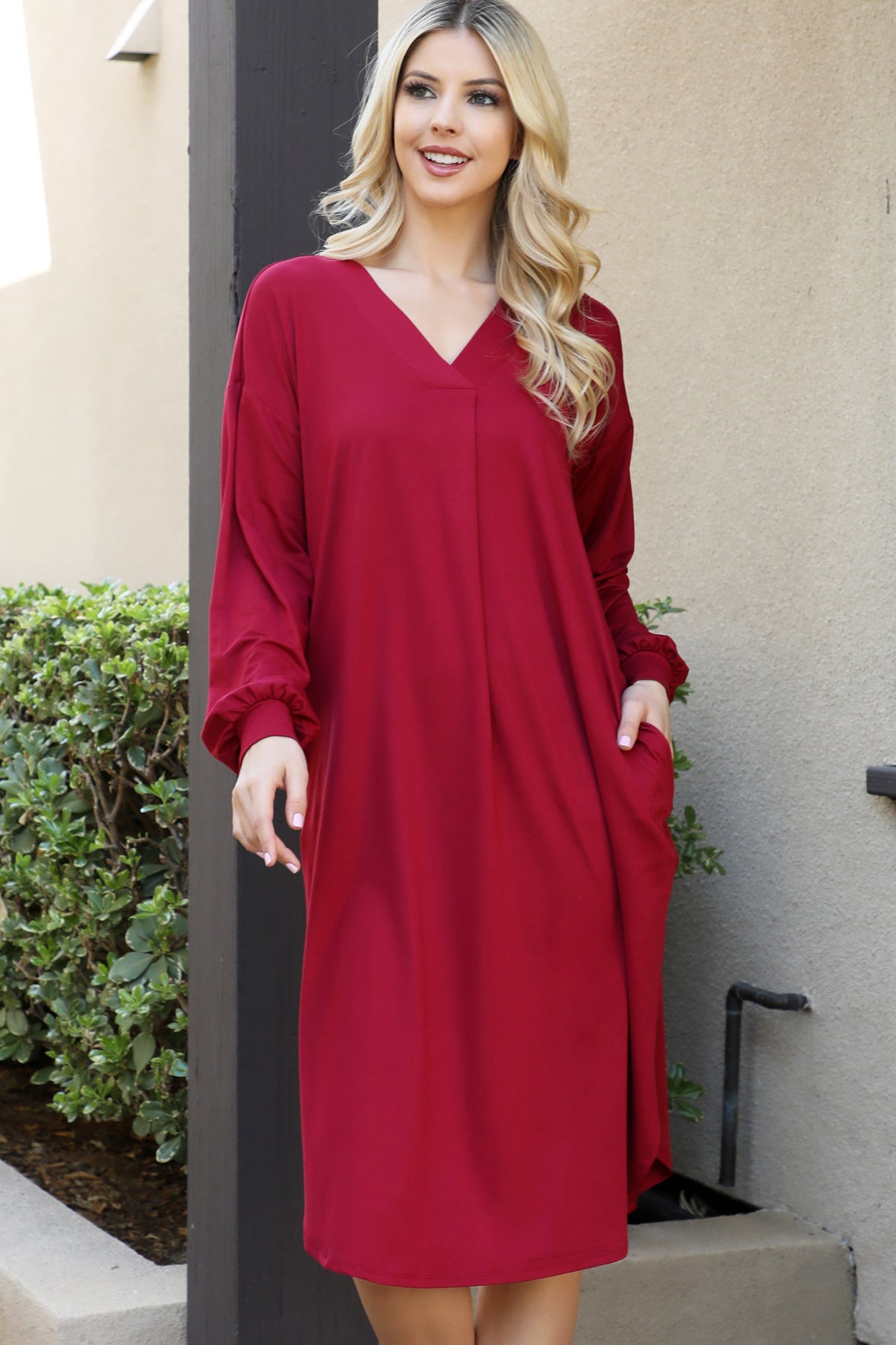 V-Neck Long Sleeve Relaxed Midi Dress