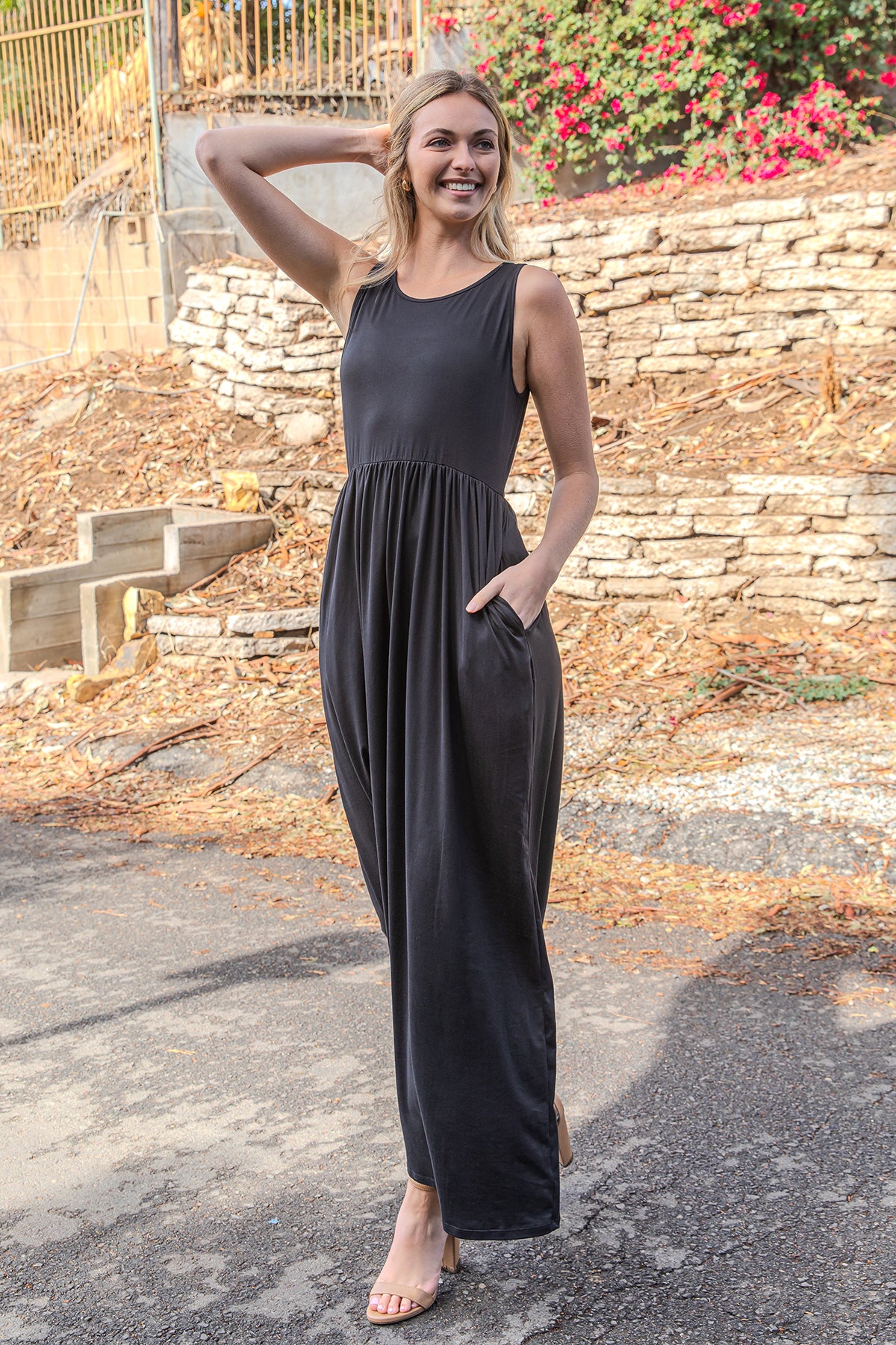 Sleeveless Crew Neck Maxi Dress with Empire Waist