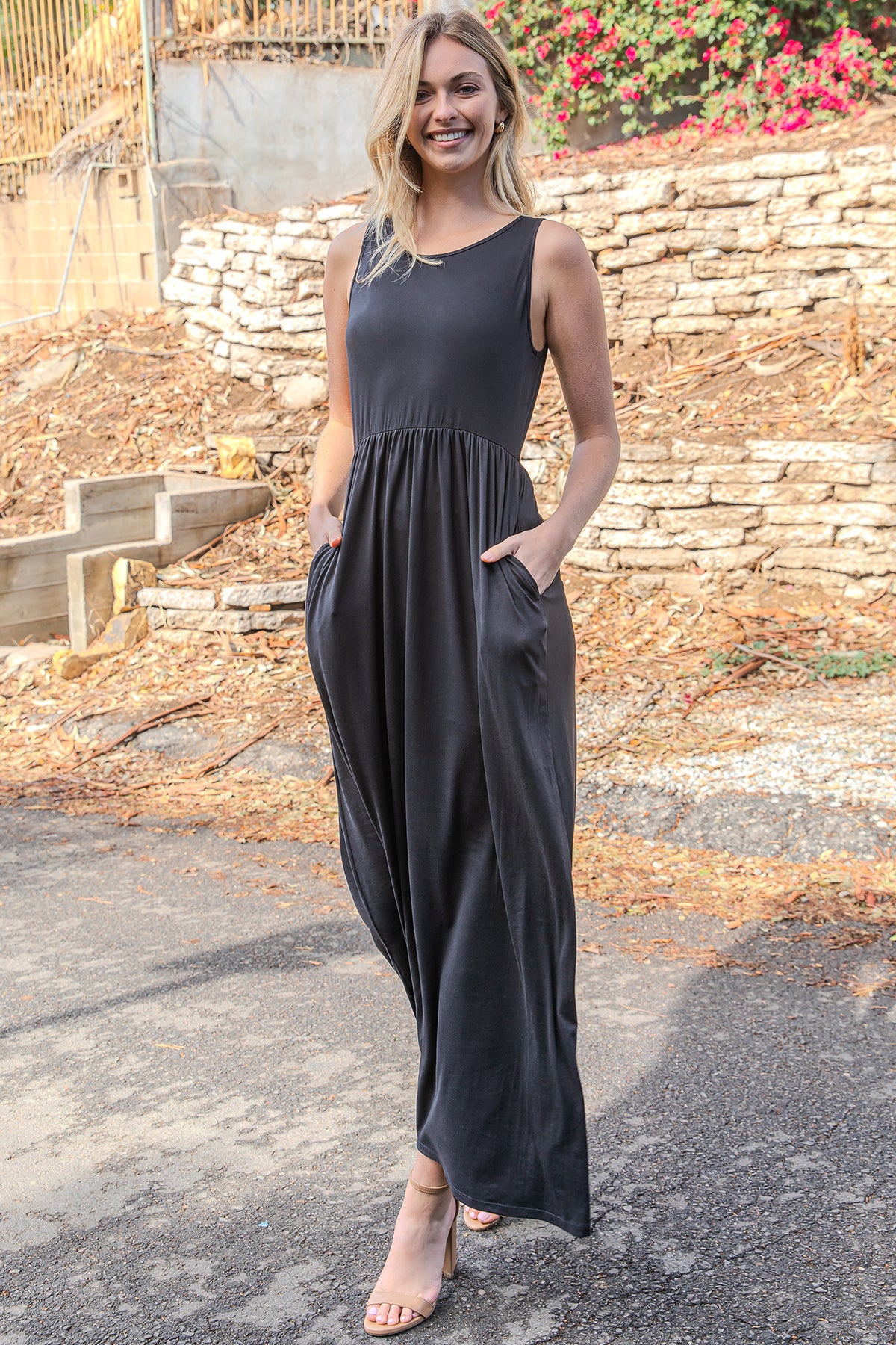Sleeveless Crew Neck Maxi Dress with Empire Waist