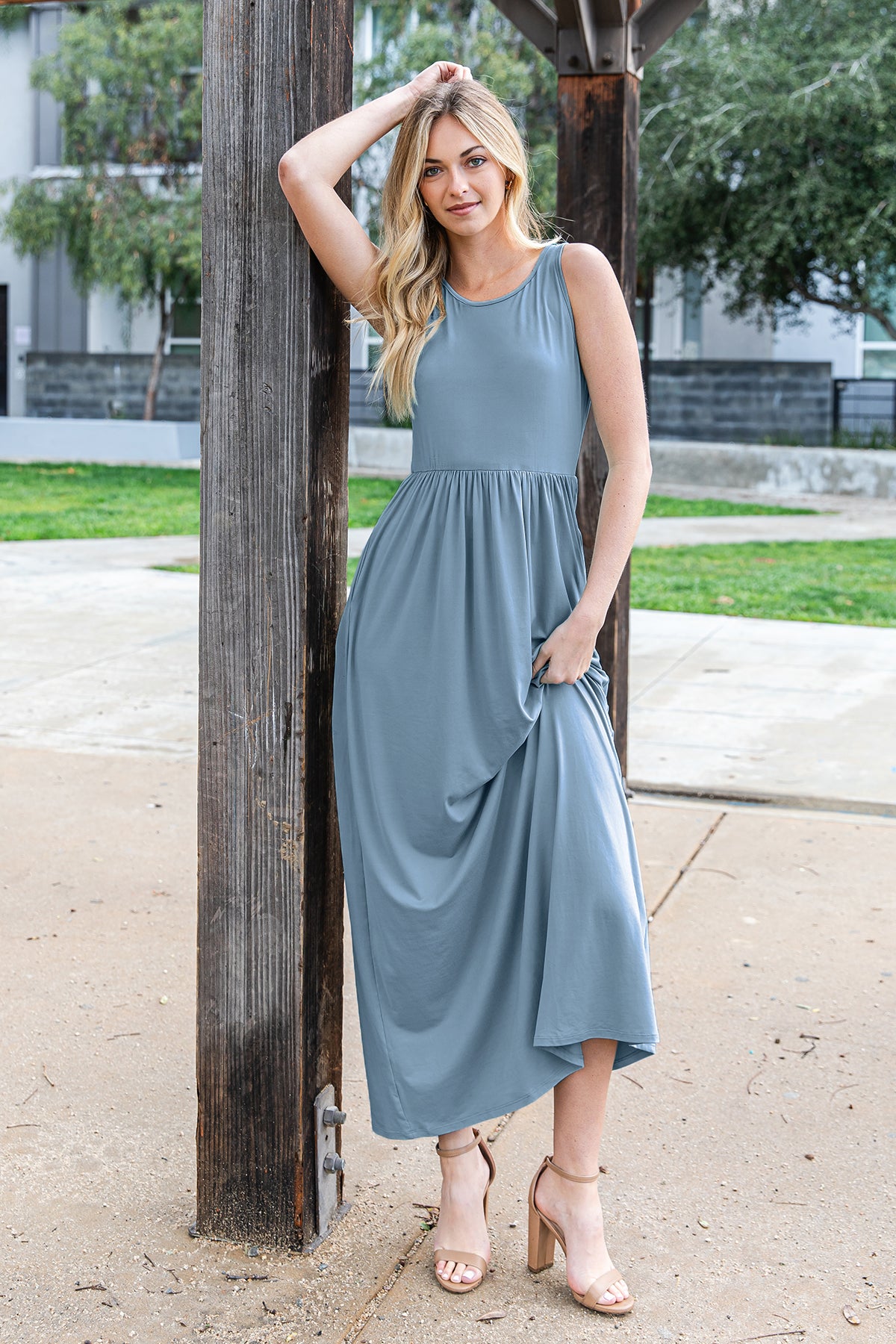 Sleeveless Crew Neck Maxi Dress with Empire Waist