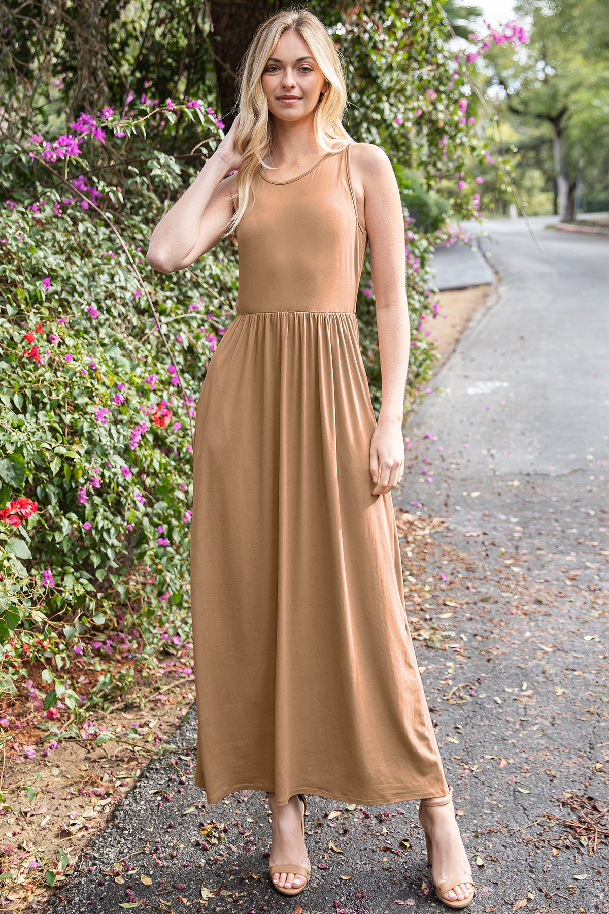 Sleeveless Crew Neck Maxi Dress with Empire Waist