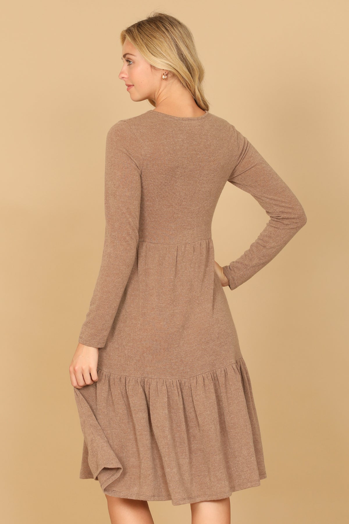Long Sleeve Crew Neck Tiered Dress with Pockets