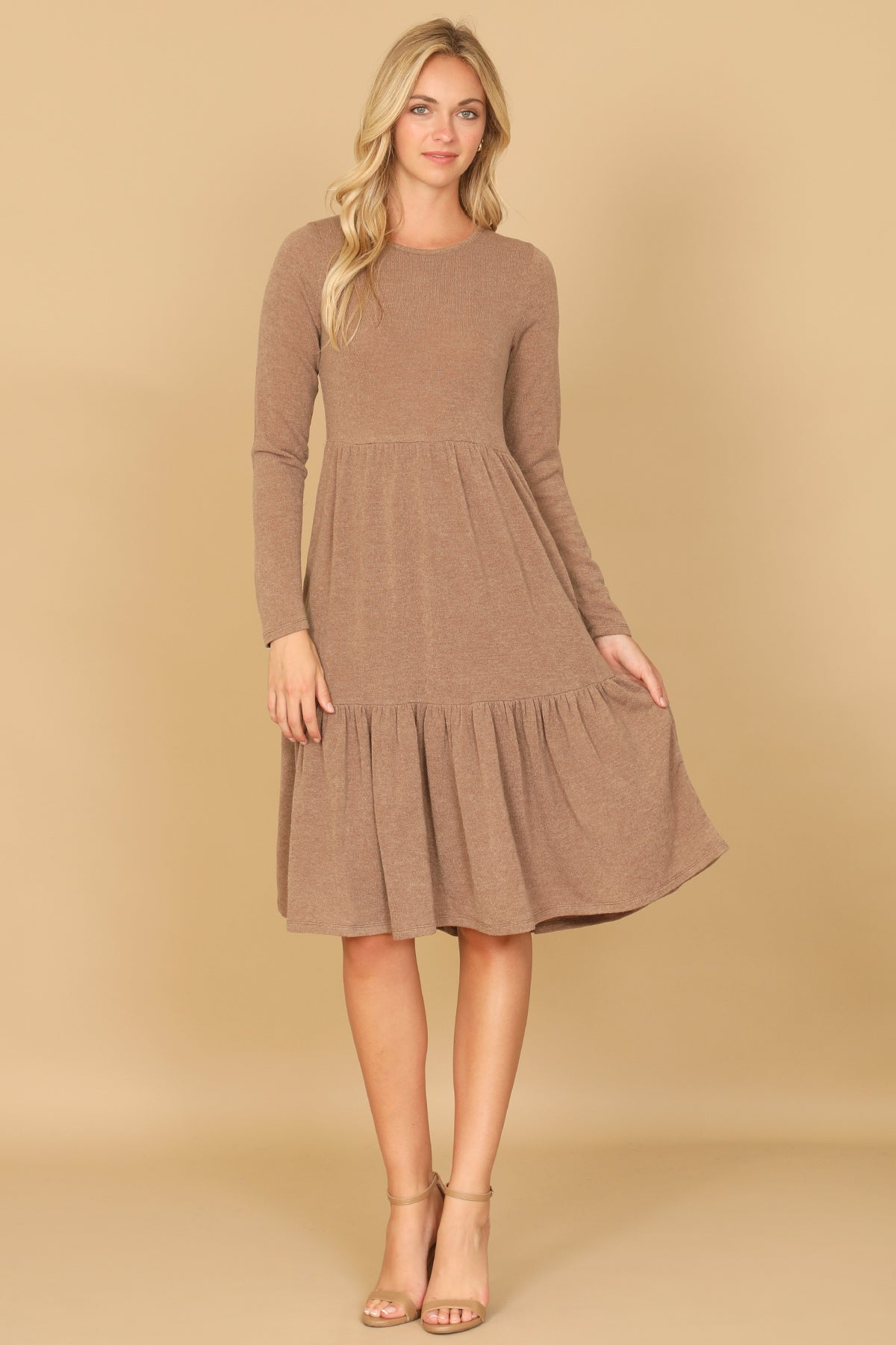 Long Sleeve Crew Neck Tiered Dress with Pockets