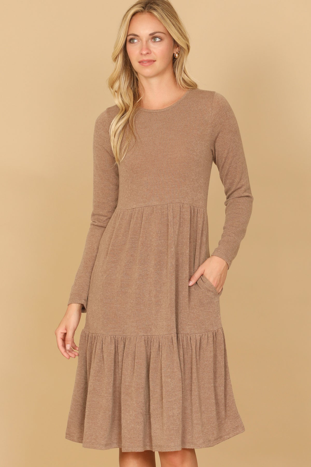 Long Sleeve Crew Neck Tiered Dress with Pockets