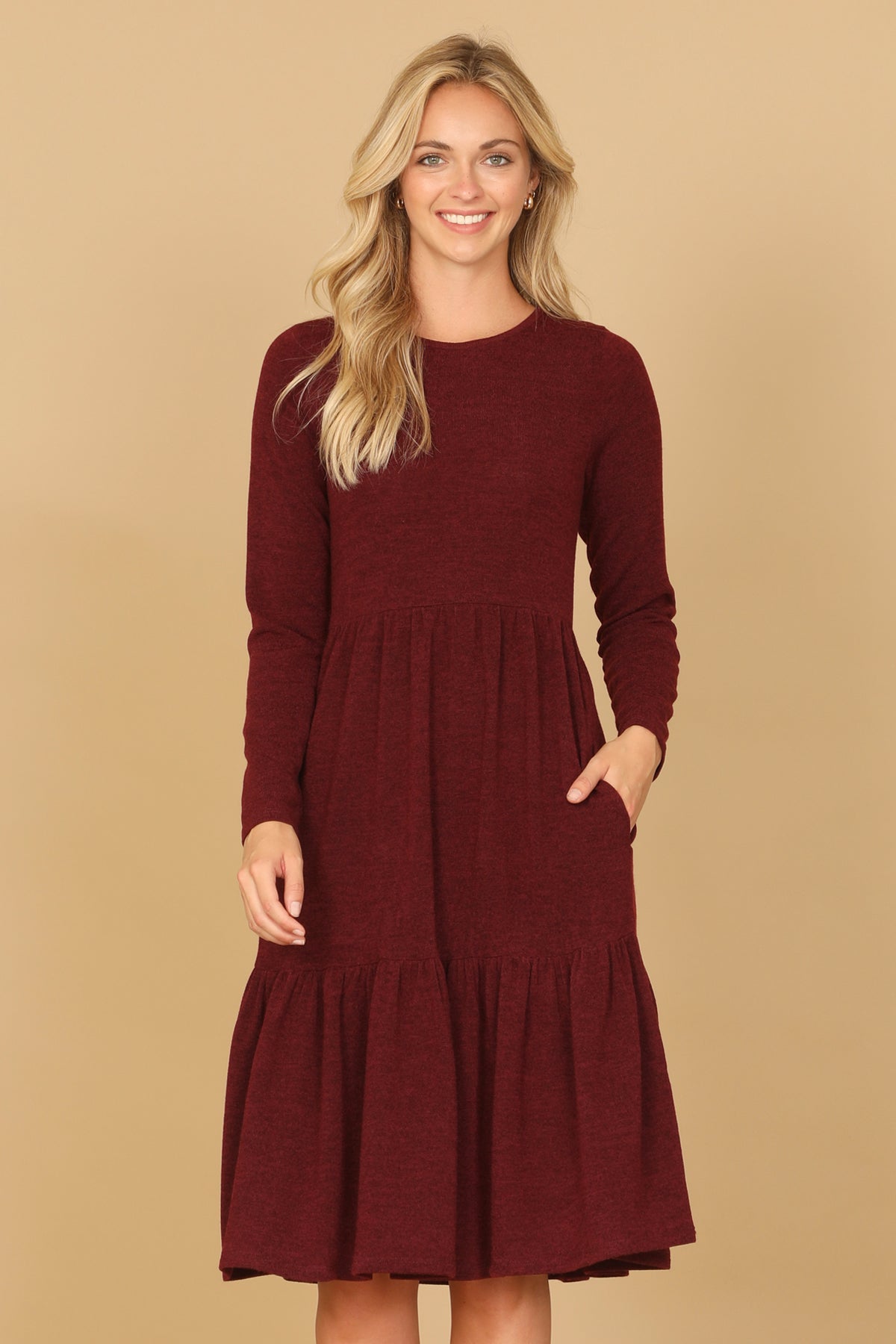 Long Sleeve Crew Neck Tiered Dress with Pockets