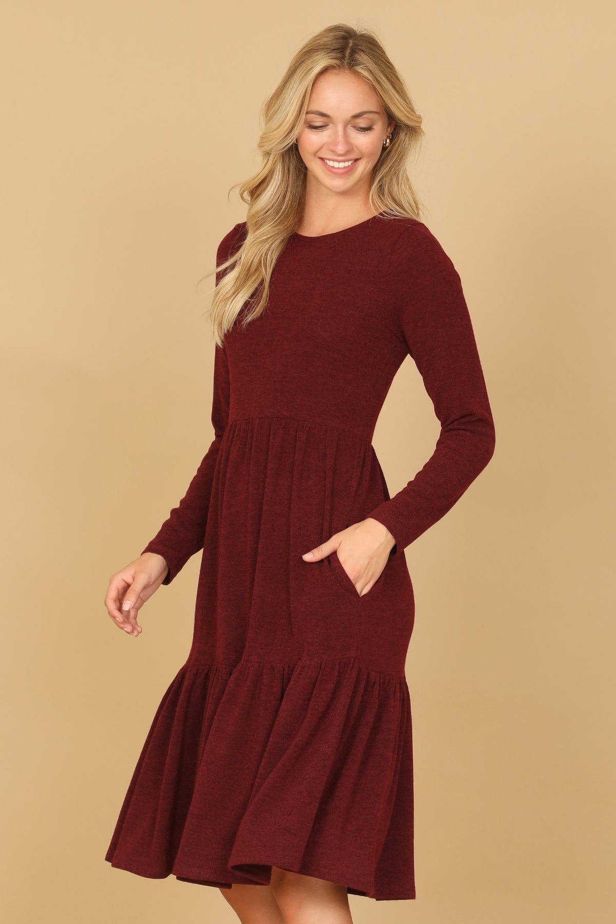 Long Sleeve Crew Neck Tiered Dress with Pockets