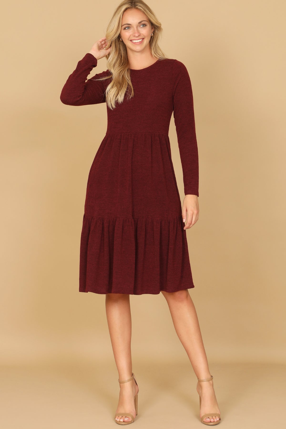 Long Sleeve Crew Neck Tiered Dress with Pockets