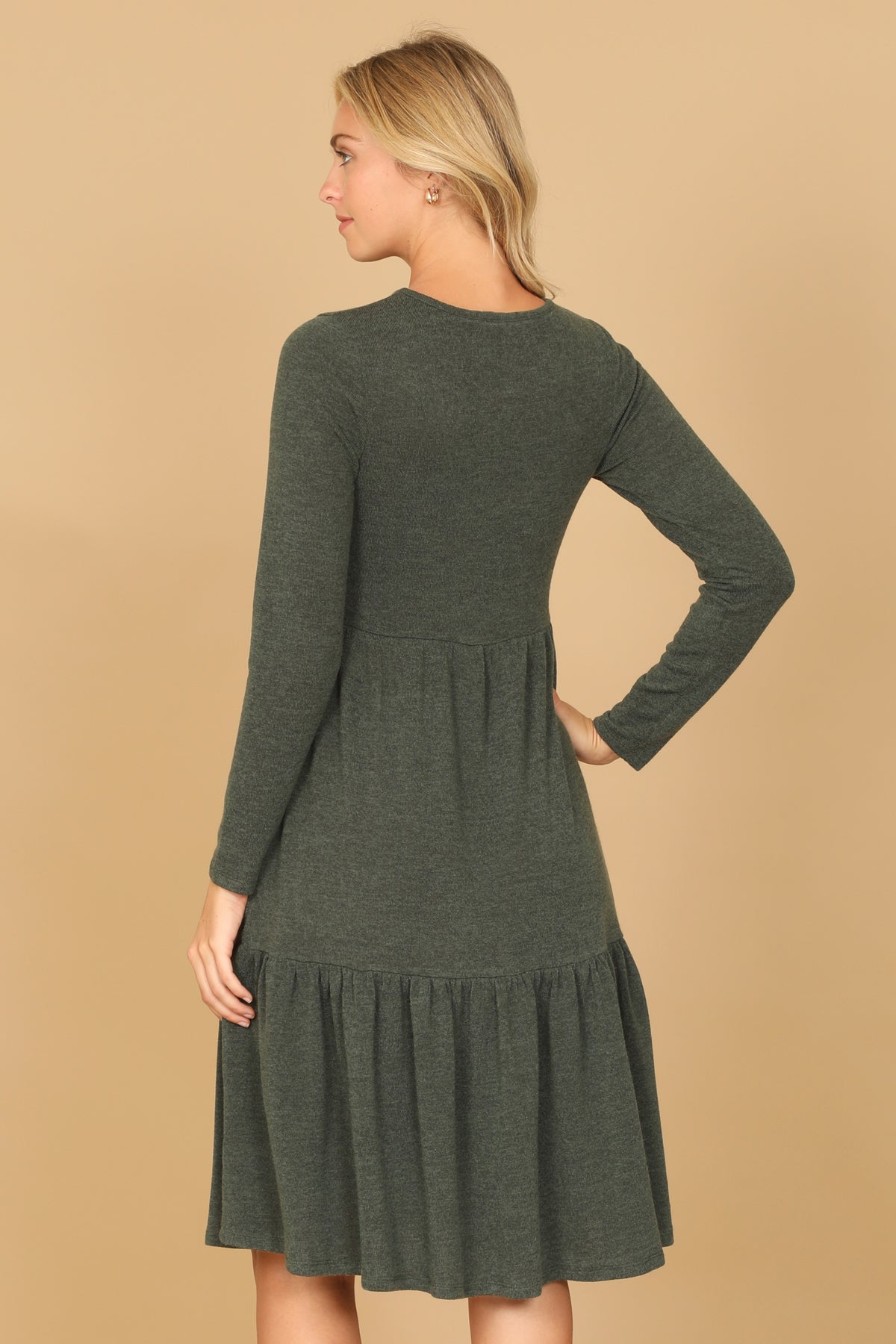 Long Sleeve Crew Neck Tiered Dress with Pockets