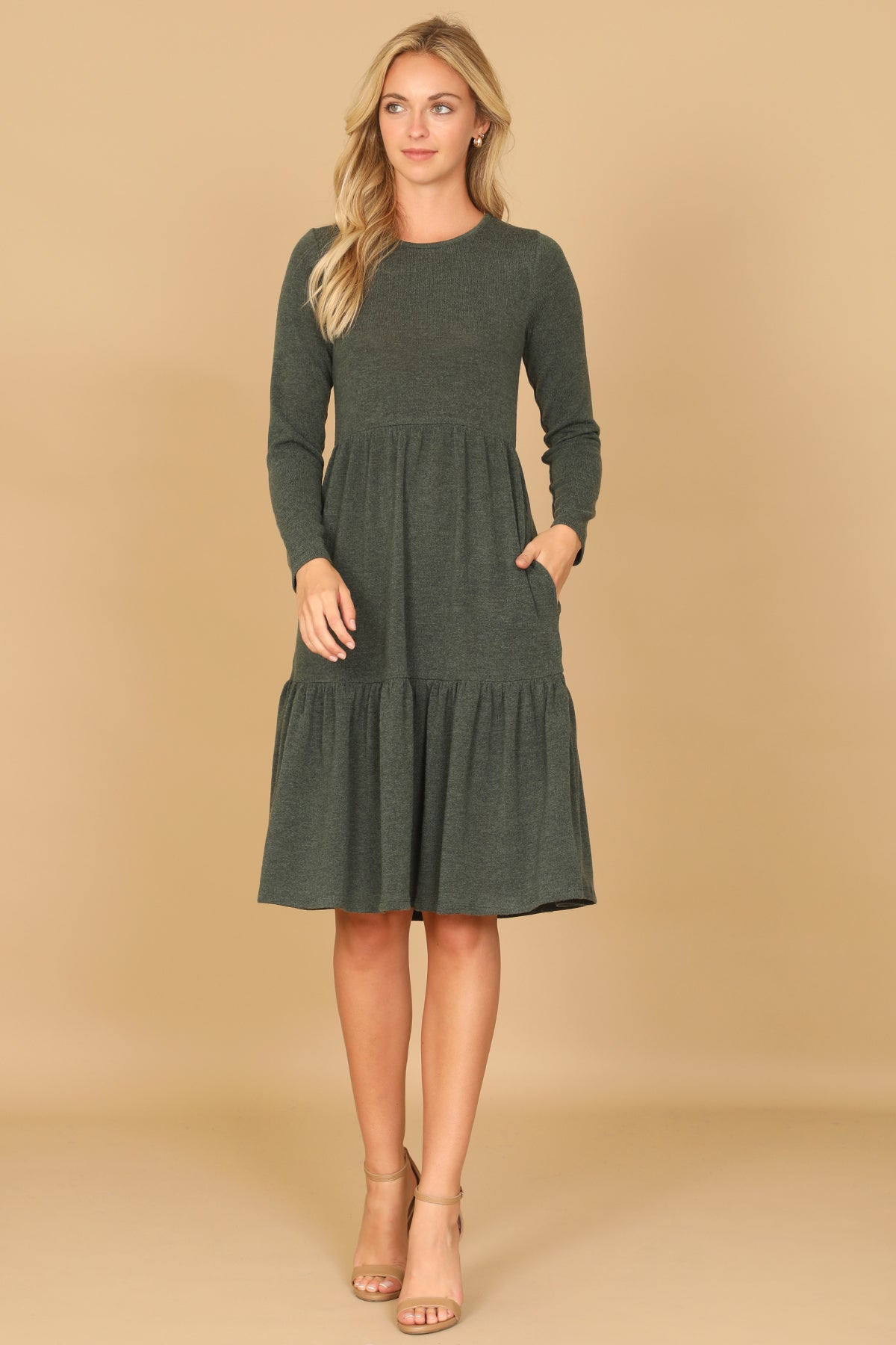 Long Sleeve Crew Neck Tiered Dress with Pockets