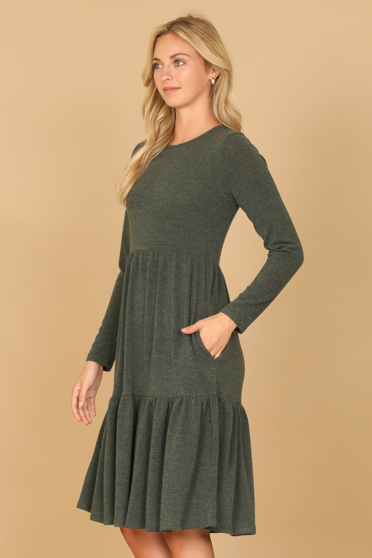 Long Sleeve Crew Neck Tiered Dress with Pockets