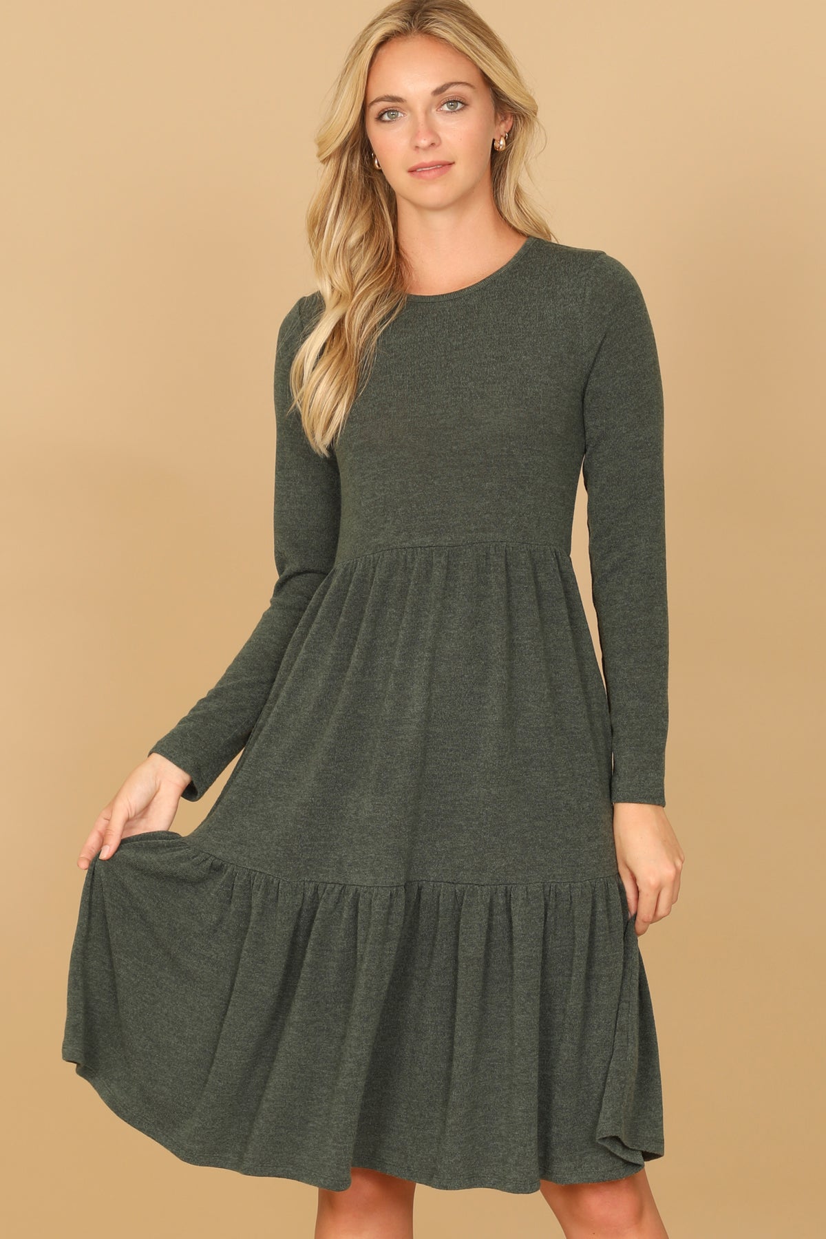 Long Sleeve Crew Neck Tiered Dress with Pockets