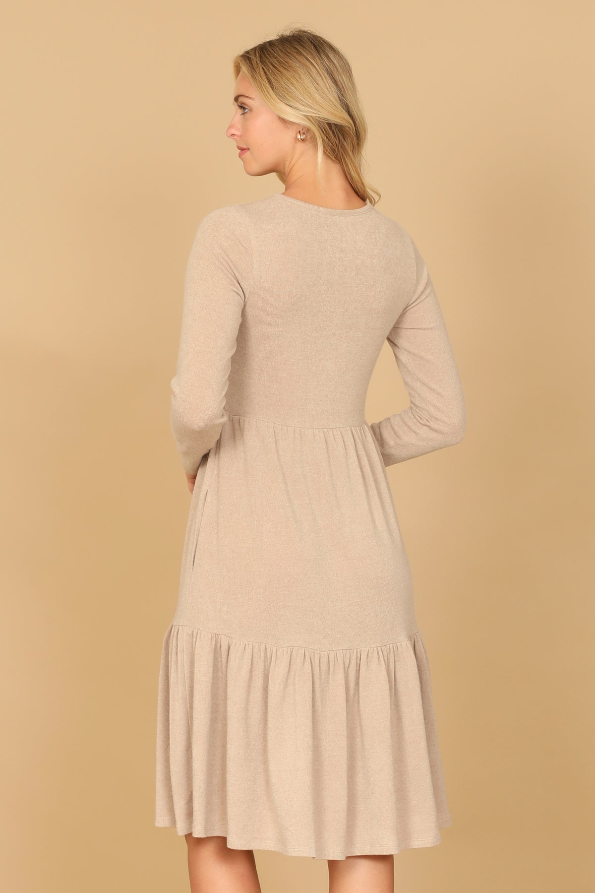 Long Sleeve Crew Neck Tiered Dress with Pockets