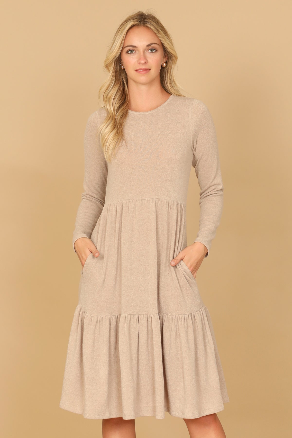 Long Sleeve Crew Neck Tiered Dress with Pockets