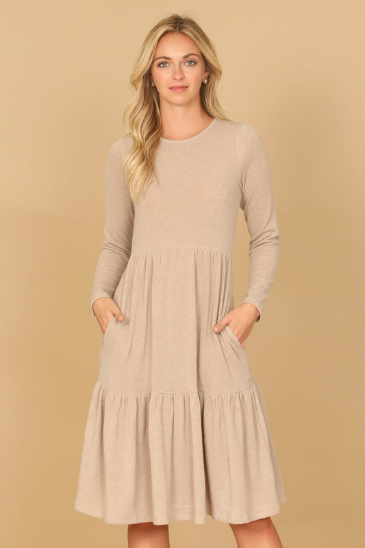 Long Sleeve Round Neck Chambray Tiered Dress