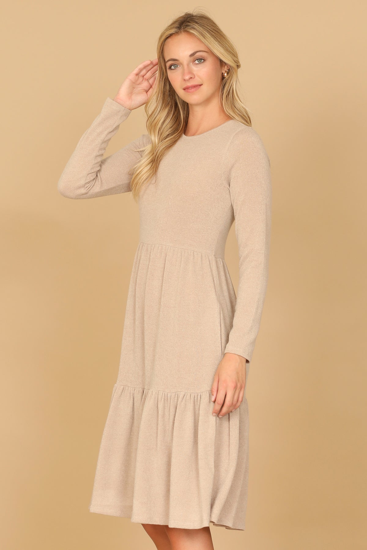 Long Sleeve Crew Neck Tiered Dress with Pockets