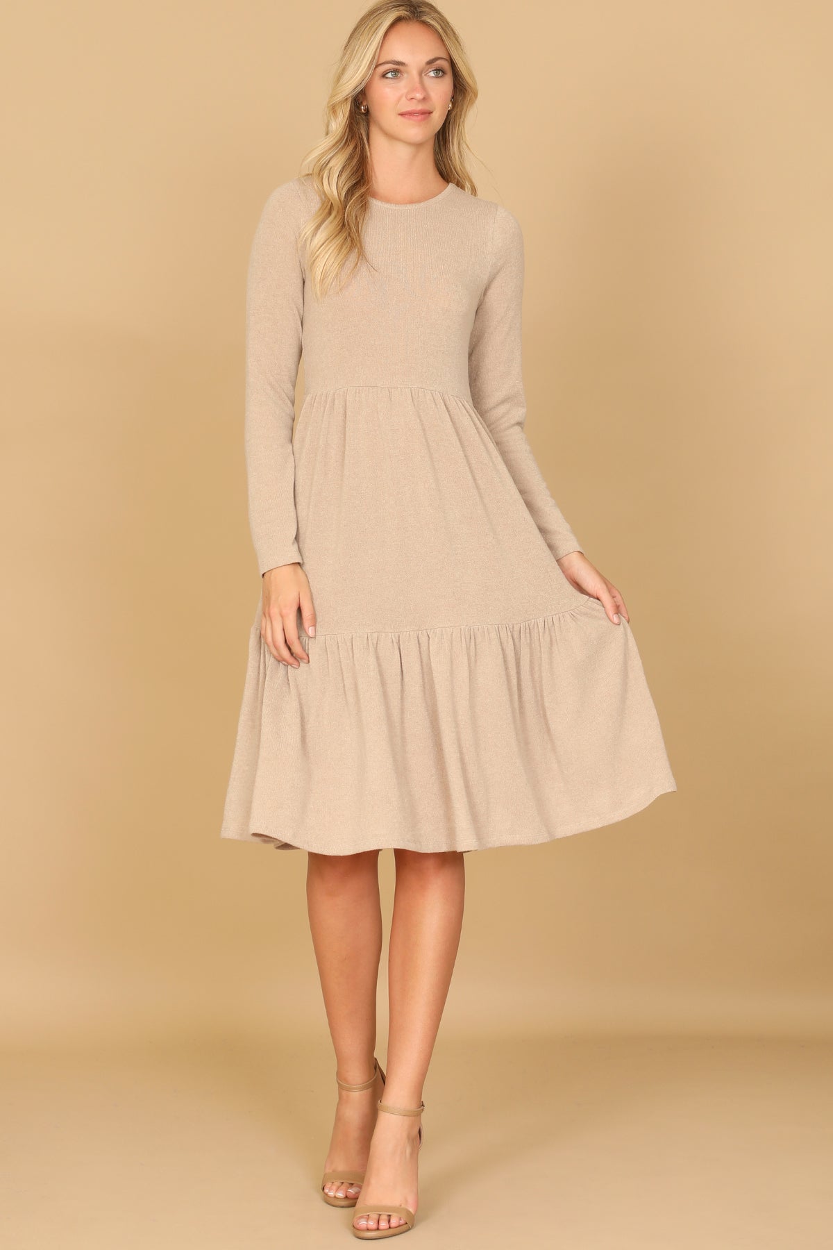 Long Sleeve Crew Neck Tiered Dress with Pockets