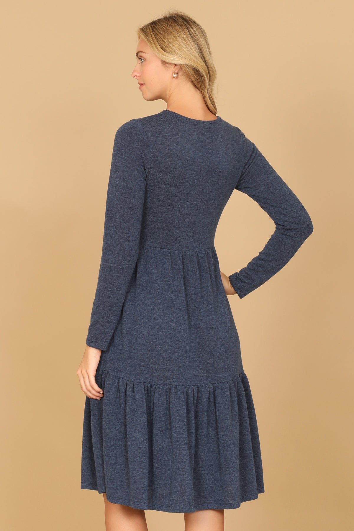 Long Sleeve Crew Neck Tiered Dress with Pockets