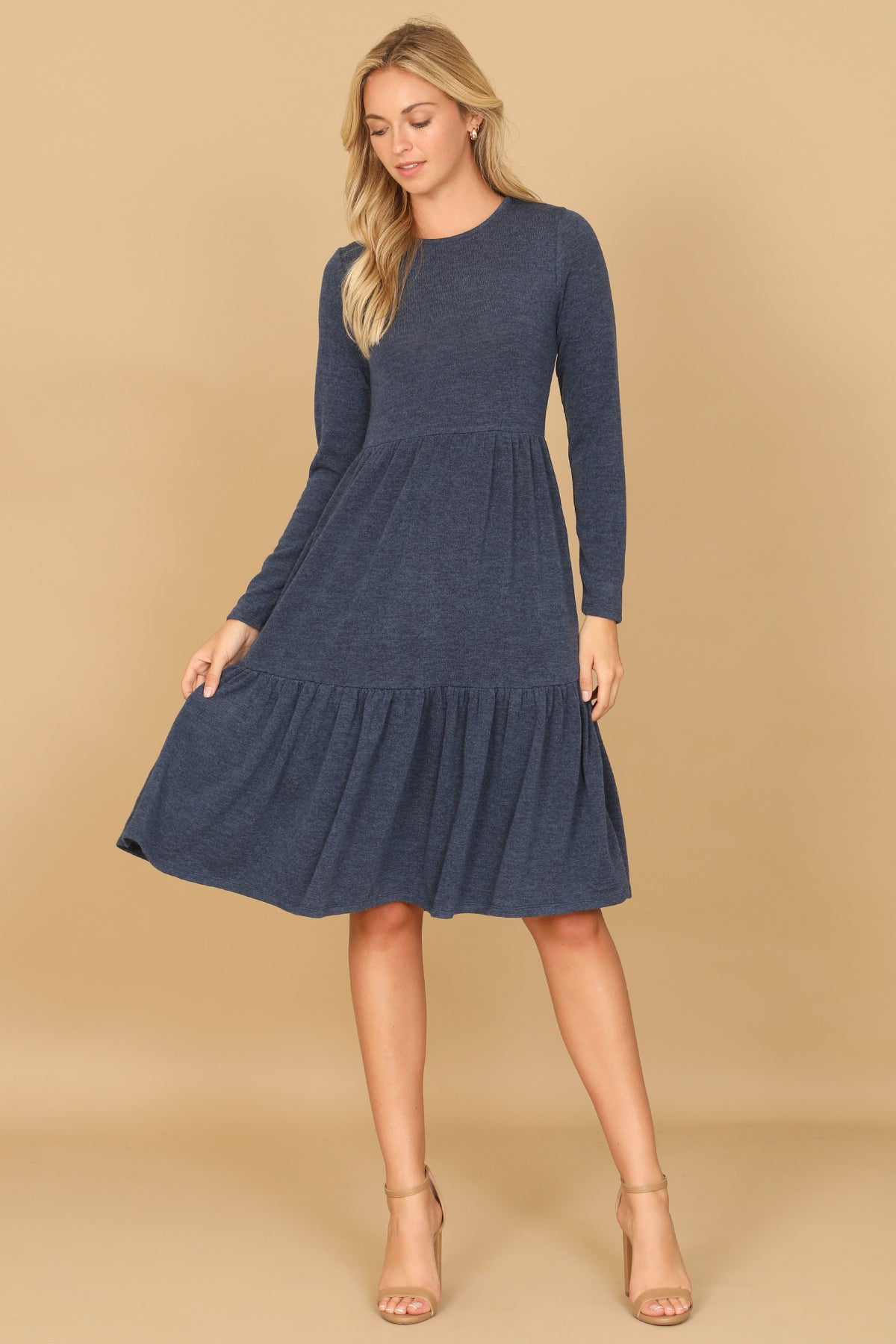 Long Sleeve Crew Neck Tiered Dress with Pockets