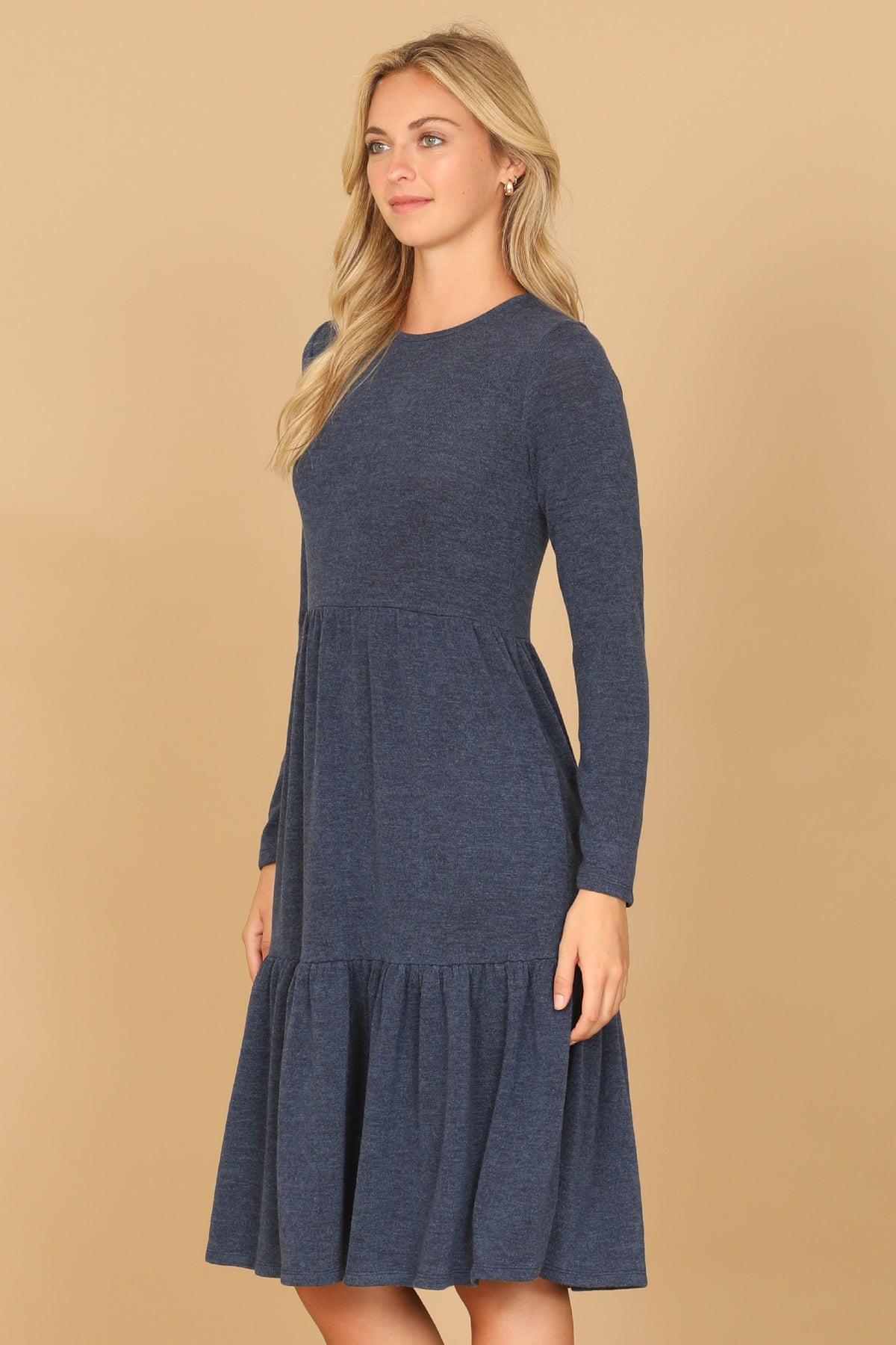 Long Sleeve Crew Neck Tiered Dress with Pockets