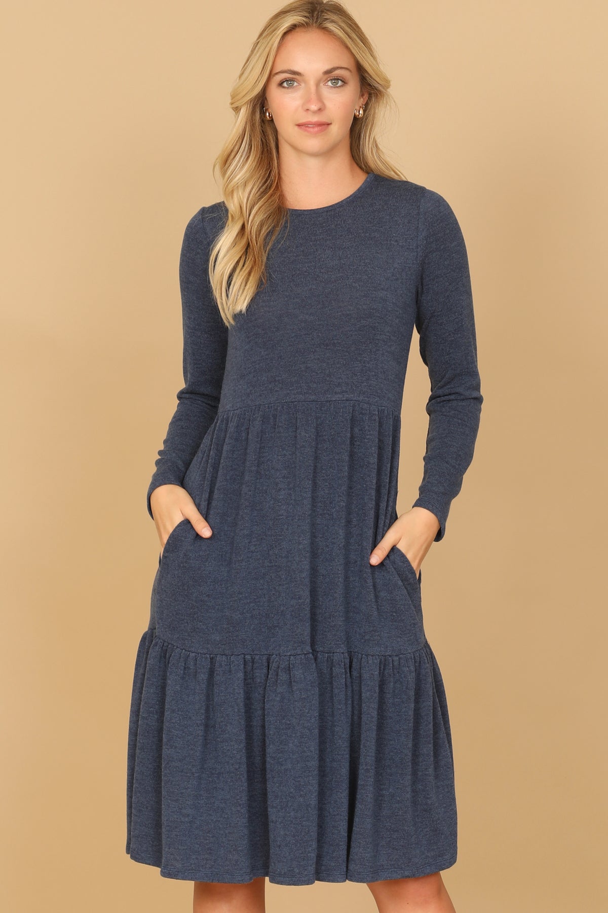 Long Sleeve Crew Neck Tiered Dress with Pockets
