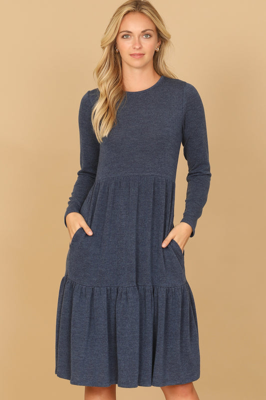 Long Sleeve Round Neck Chambray Tiered Dress